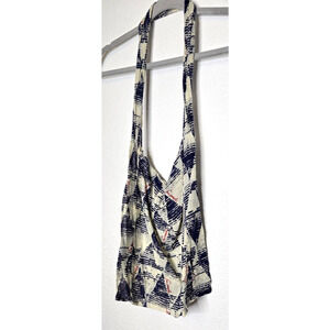 Free People Womens Fabric Tote Shopping Bag Blue White Cotton Linen Purse Hippie